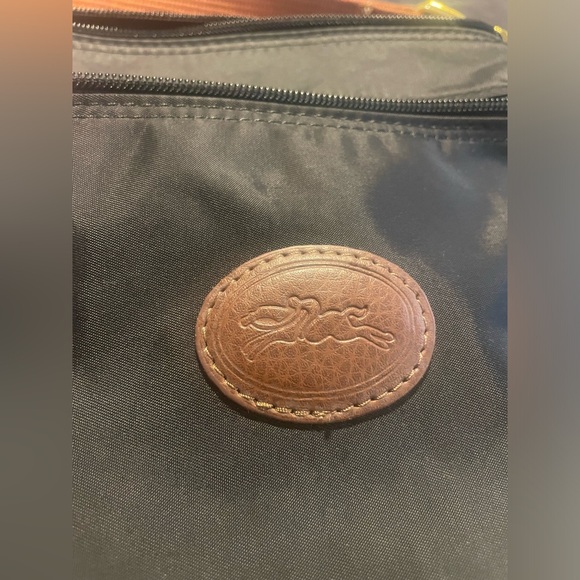 RARE Longchamp Le Pliage Nylon Black & Brown Folding Shoulder Bag FREE SHIPPING - Picture 4 of 14